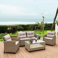 Made 4 Home Versailles Light Brown Grey Multi Color 4 Piece Wicker Patio Conversation Seating Set With Light Brown Cushions
