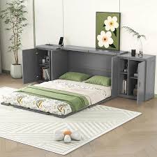Gray Wood Frame Queen Size Murphy Bed With Usb Ports Shelves And Cabinets