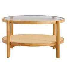 31 5 In Natural Round Solid Wood Coffee Table With Glass Desktop And Rattan Woven Layer