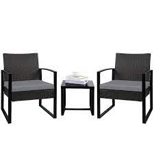 Tozey Black 3 Piece Patio Sets Steel Outdoor Wicker Patio Furniture Sets Outdoor Bistro Set With Gray Cushion
