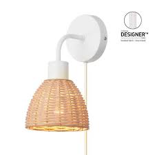 1 Light Matte White Plug In Or Hardwire Wall Sconce With Rattan Shade 6 Ft White Cord In Line On Off Rocker Switch 91002865
