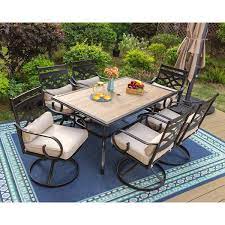 7 Piece Metal Patio Outdoor Dining Set With Cast Iron Swivel Chair With Beige Cushions