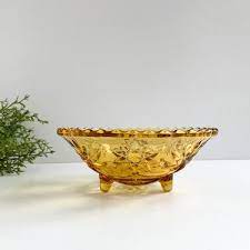 Vintage Amber Glass Footed Bowl Gold