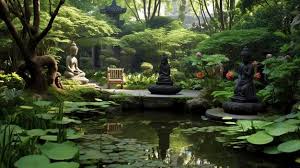 Serene Garden With Ponds And Zen Sculptures