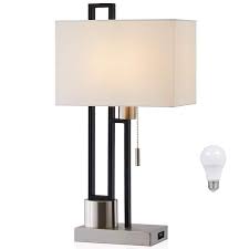 Usb Table Lamp With White Linen Shade