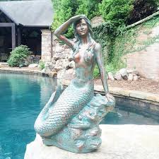 Homestyles 30 In Classic Mermaid Bronze Patina Sitting On Coastal Rock Beach Collectible Statue