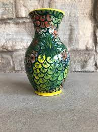 Vintage Art Glass Vase Green Yellow
