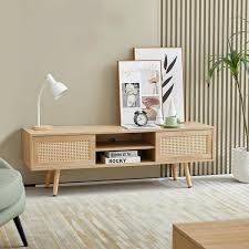 55 In Natural Tv Stand Wood Tv Cabinet Fits Tv S Up To 60 In With Adjustable Shelf And Double Sliding Doors
