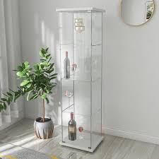 Floor Standing White 4 Shelves Glass Display Cabinet With Door 64 X 17 X 14 5