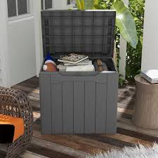 32 Gal Wood Grain Deck Box With Seat Outdoor Lockable Storage Box For Patio Furniture In Gray 2 Pack