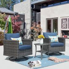 Xizzi Megon Holly Gray 3 Piece Wicker Patio Conversation Seating Sofa Set With Denim Blue Cushions And Swivel Rocking Chairs