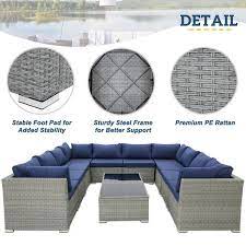 12 Piece Wicker Outdoor Patio Conversation Seating Sofa Set With Coffee Table Dark Blue Cushions