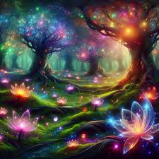 Magical Forest Scene Vibrant Flowers