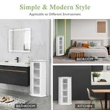 16 54 In W X 16 54 In D X 42 32 In H White Freestanding Bathroom Linen Cabinet Corner Storage Cabinet With Glass Door