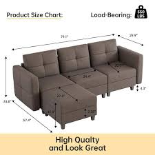 79 1 In W L Shaped Sofa Square Arm Fabric Modern Storable 3 Seat Plus 1 Ft Dark Browm