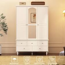 White Paint Big Wardrobe Armoires W Mirror Hanging Rod Drawers Adjustable Shelves 70 9 In H X 47 2 In W X 20 In D