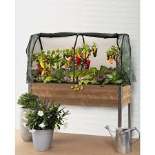 Cedarcraft Elevated Spruce Planter With Greenhouse And Bug Covers Chocolate Brown 21 L X 47 W X 53 5 H