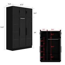 Black Wood Glass Doors Armoires Metal Frame Wardwore With Led Lights Hanging Rod 74 8 In H X 47 2 In W X 19 2 In D