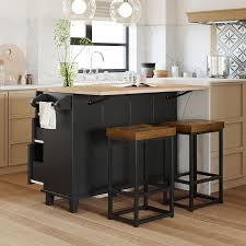 Black Rubber Wood 50 3 In W Kitchen Island With Drop Leaf 2 Dining Stools 4 Drawer 2 Door Cabinet And Towel Holder Dt150aab