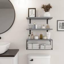 16 5 In W X 6 In D Grey Wood Floating Bathroom Shelves Wall Mounted With Wire Basket Decorative Wall Shelf