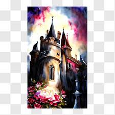 Old Castle Painting With Roses Png