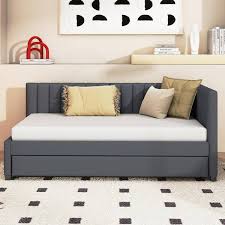Gray Wood Twin Size Linen Upholstered Daybed Sofa Bed With Channel Tufted Backrest And Twin Size Trundle
