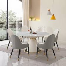 White And Gold Sintered Stone 53 In Modern Round Stainless Steel Pedestal Base Dining Table Seats 6