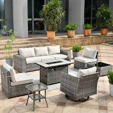 Tahoe Grey 9 Piece Wicker Outdoor Patio Rectangle Fire Pit Conversation Sofa Set With A Swivel Chair And Beige Cushions