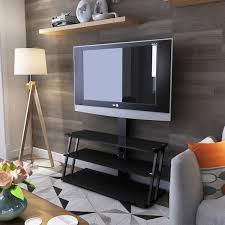41 3 In Black 3 Tier Storage Shelves Tempered Glass Tv Stand Fits Tv S Up To 65 In With Swivel And Height Adjustable