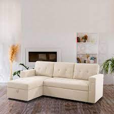 78 In W Beige Reversible Velvet Sleeper Sectional Sofa Storage Chaise Pull Out Convertible Sofa In Beige