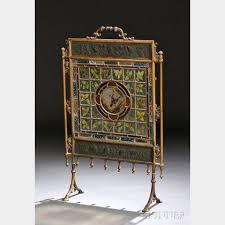 Stained Glass And Brass Fire Screen