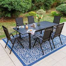 Phi Villa 7 Piece Black Metal Patio Outdoor Dining Set With Extendable Table And Black Folding Reclining Sling Chairs