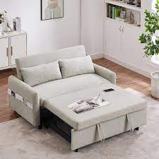 55 In Pull Out Sleeper Sofa Bed Beige Microfiber Loveseats Couch With Adjsutable Backrest Pockets Pillows For Apartment