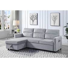 Simple Relax Velvet Reversible Sleeper Sectional Sofa With Storage Chaise And Side Pocket Light Gray
