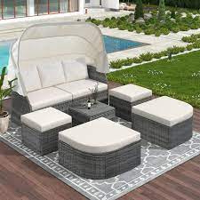 Wicker Outdoor Patio Furniture Set Day Bed Sunbed With Cushions And Retractable Canopy In Beige