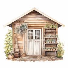 Watercolor Painting Of A Garden Shed