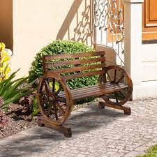 41 In 2 Person Slatted Seat Rustic Wooden Wagon Wheel Bench Outdoor Patio Furniture Weather Resistance