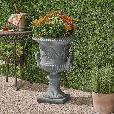 Noble House Adonis 18 75 In X 18 75 In Antique Grey Lightweight Concrete Outdoor Garden Urn Planter With Lion And Fl Accents