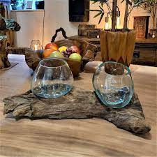 Tree Root Wood With Glass Double Bowls