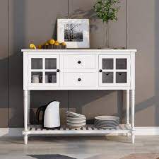 Aoibox Living Room White Farmhouse Wood Glass Buffet Storage Sideboard Console Table Cabinet With Bottom Shelf