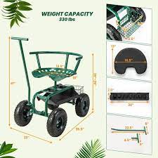 35 5 In Dia Green Metal Rolling Garden Cart With Height Adjustable Swivel Seat And Storage Basket
