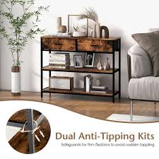 Console Table With Folding Fabric Drawers For Entryway Rustic Brown Costway