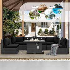 High End 7 Piece Charcoal Wicker Patio Fire Pit Conversation Sectional Deep Seating Sofa Set With Black Cushions