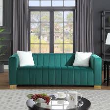Modern 85 8 In Square Arm Velvet 3 Seater Rectangle Channel Sofa Traditional Chesterfield Sofa With Pillows In Green