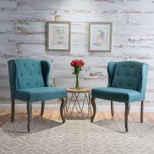 Noble House Niclas On Back Dark Teal Fabric Winged Chairs With Stud Accents Set Of 2