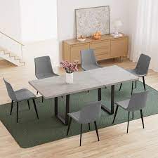 7 Piece Set Of 6 Gray Chairs And Retractable Dining Table Dining Table Set Dining Room Set With 6 Modern Chairs