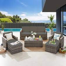 Gray 6 Pieces Wicker Outdoor Patio Furniture Sets Conversation Set Pe Rattan Sectional Sofa Couch With Gray Cushions