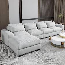149 61 In W Linen Rectangular Moveable Sectional Sofa With Ottoman In Light Gray