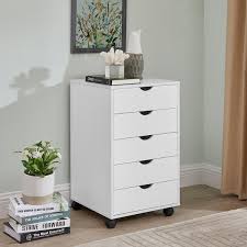 5 Drawers Chest Wood Storage Dresser With Wheels Craft Storage Organizer And Storage Drawer Office Drawer Unit White