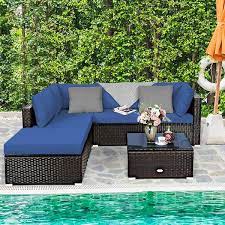 Costway 6pcs Outdoor Patio Rattan Furniture Set Cushioned Sectional Sofa Navy Black Turquoise